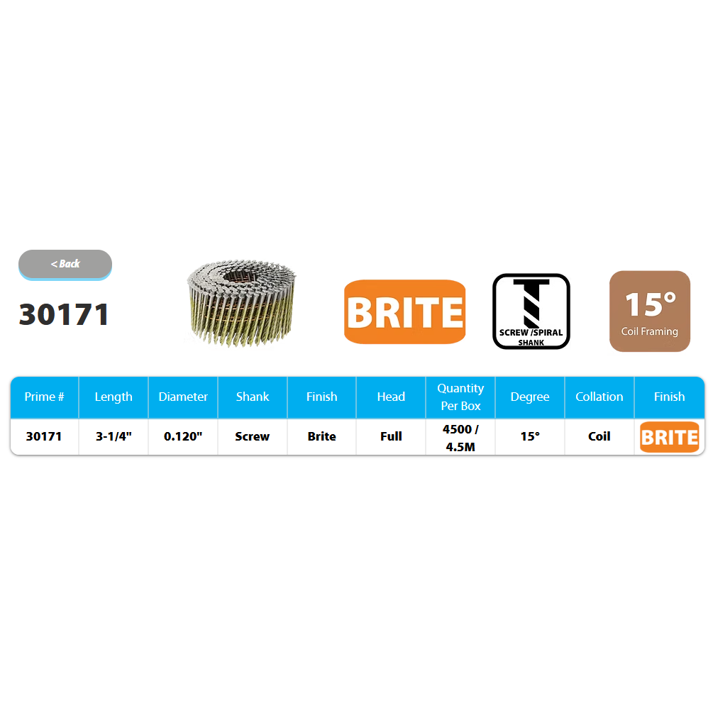 Product Image for 15° SPIRAL COIL NAILS 3¼X.120G