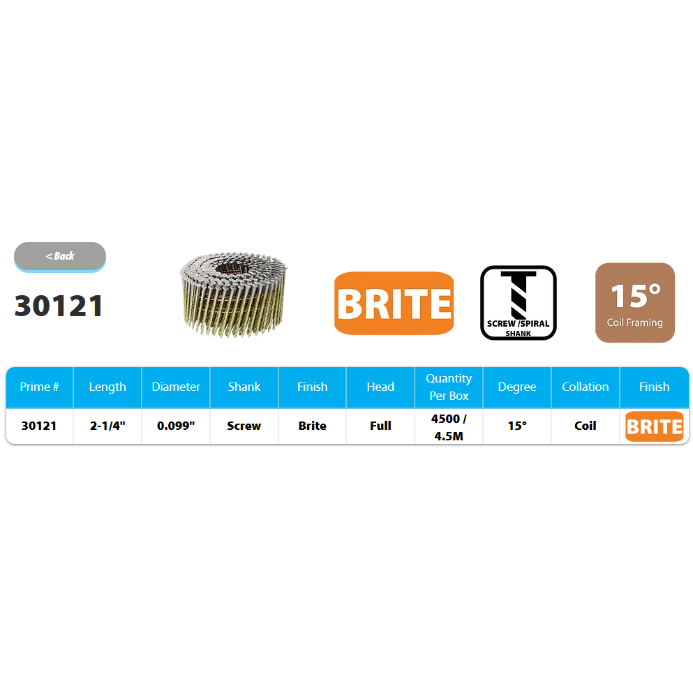 Product Image for 15° SPIRAL COIL NAILS 2¼X.099G
