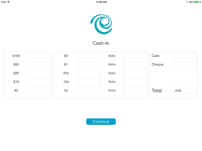 The unpopulated Cash-in screen