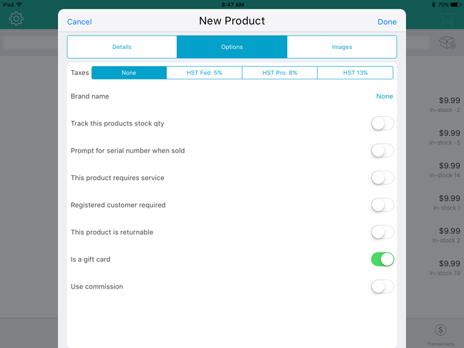 The New Product popup.