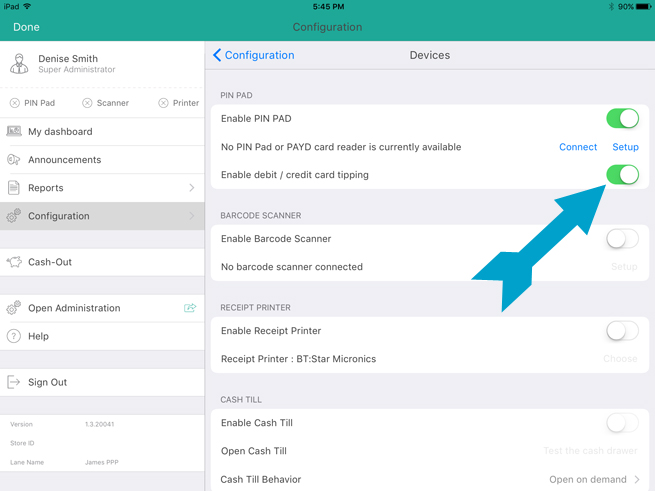 An arrow pointing to the Enable debit/credit card tipping function.