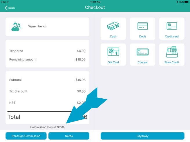 A blue arrow points to the bottom of the left pane on the Checkout screen to highlight the employee receiving commission.