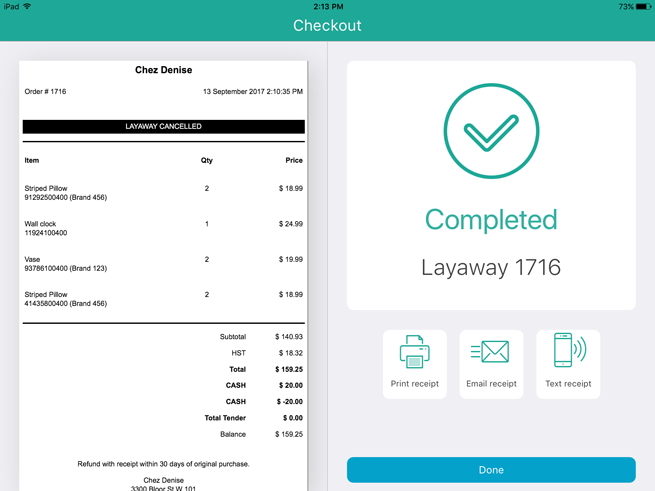 The Checkout screen displays the receipt info on the left pane, and the status on the right pane.