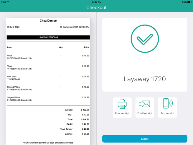 The Checkout screen with the layaway receipt visible on the left pane.