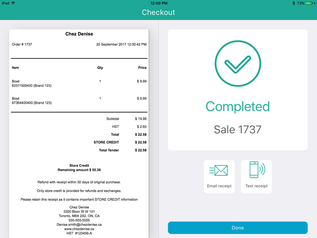 The Sale completed screen with the receipt on the left pane, and the receipt options on the right pane.